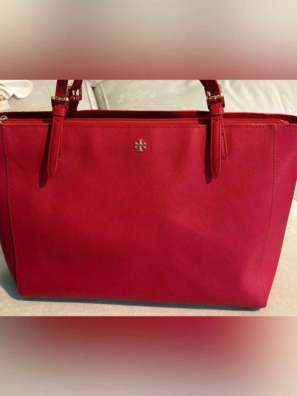 Tory Burch Red Leather Tote with Gold Logo